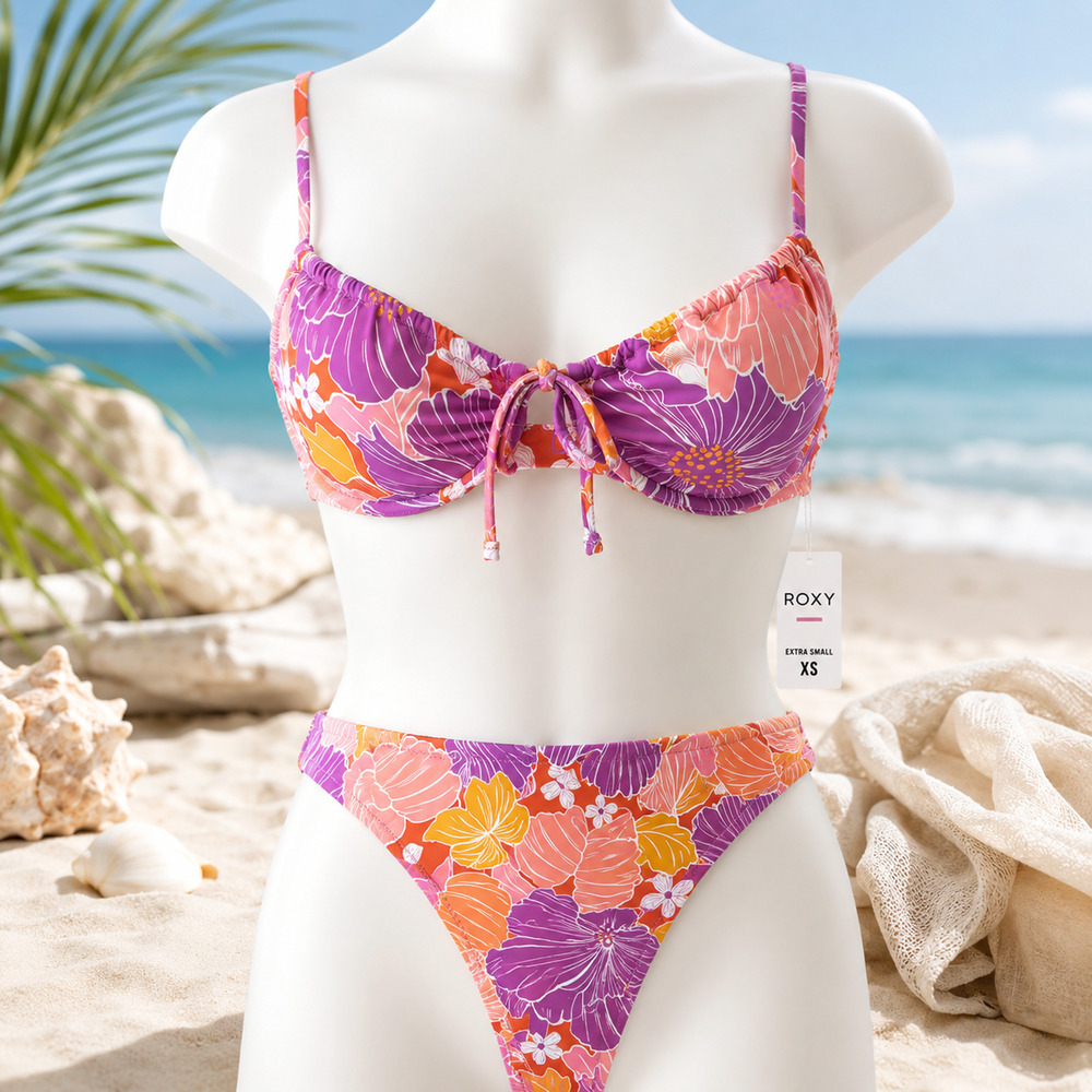 NWT Roxy Bell Bottom Blooms Bikini Set Lilac Multi XS